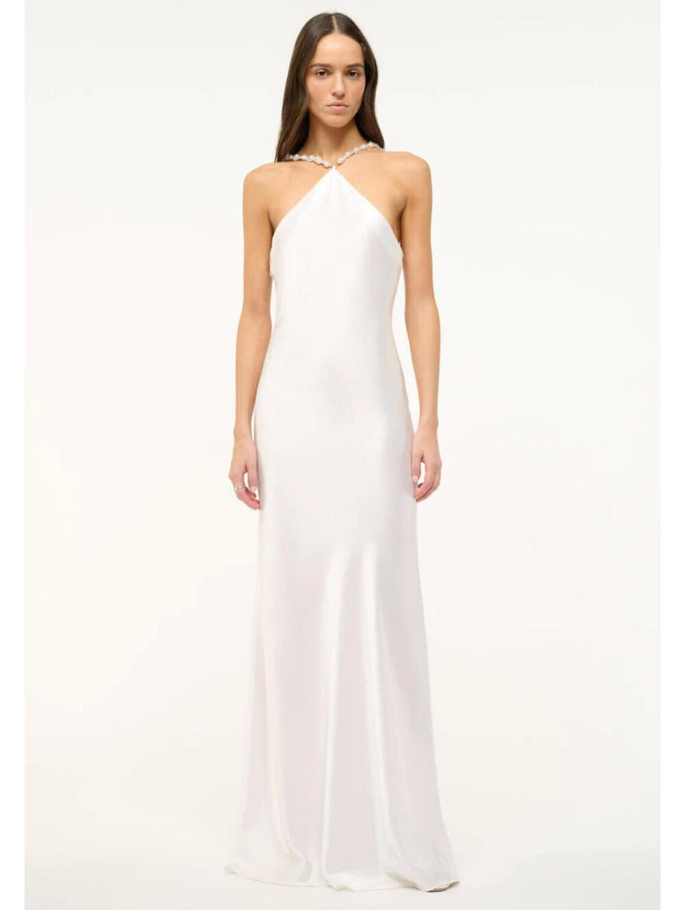 NWT STAUD Cadence White Satin Beaded Bridal Wedding Slip Maxi Dress Pearl 8/M - Picture 7 of 14